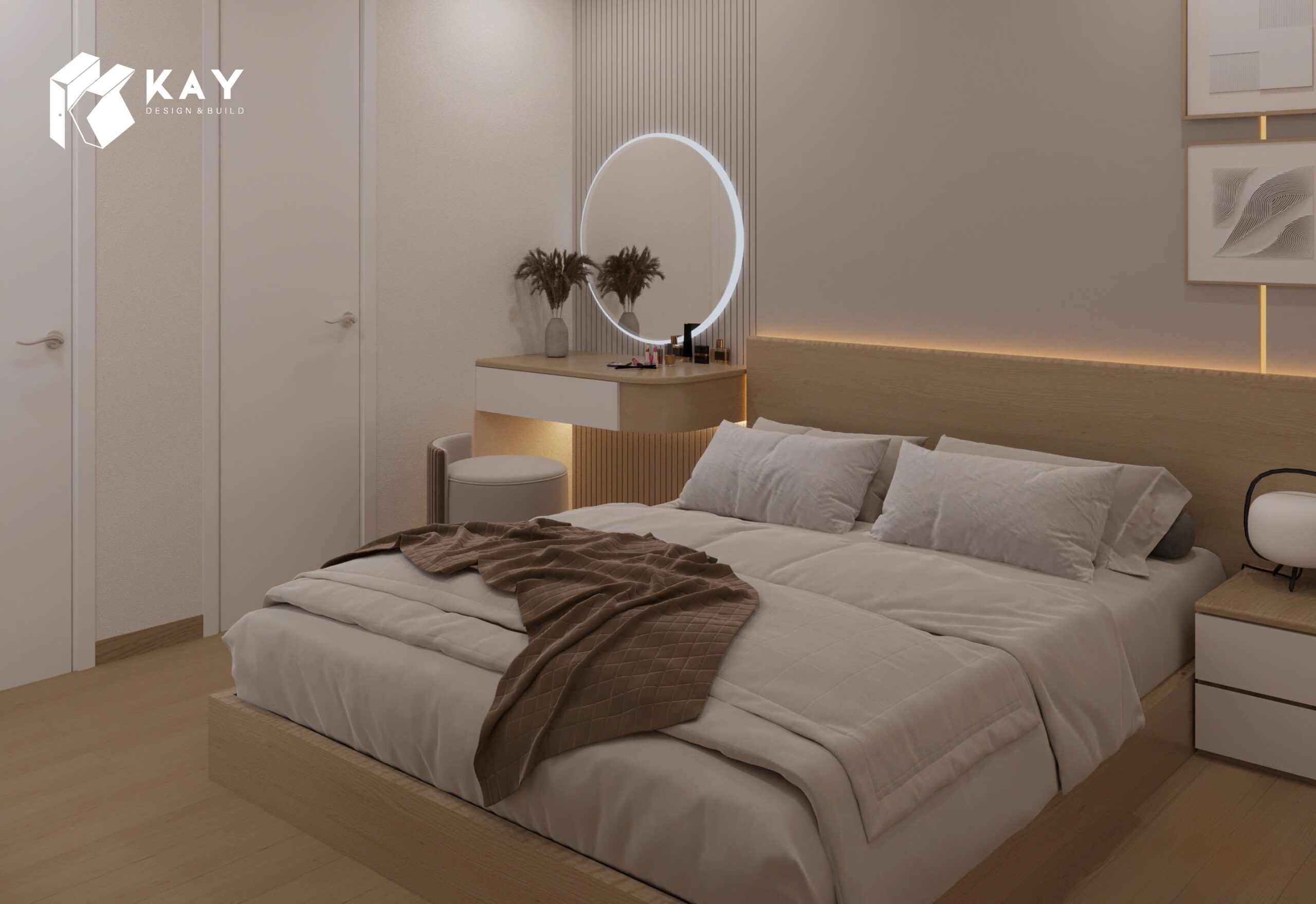 Tone màu trung tính, chủ yếu là màu beige và các sắc thái của gỗ, được sử dụng một cách tinh tế trong thiết kế nội thất của căn hộ.